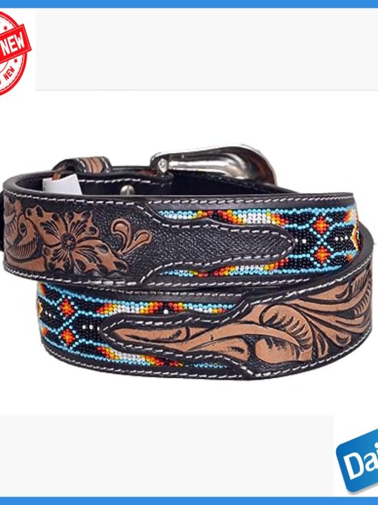 Genuine Leather Western Belt with Beaded Inlay 1.5\